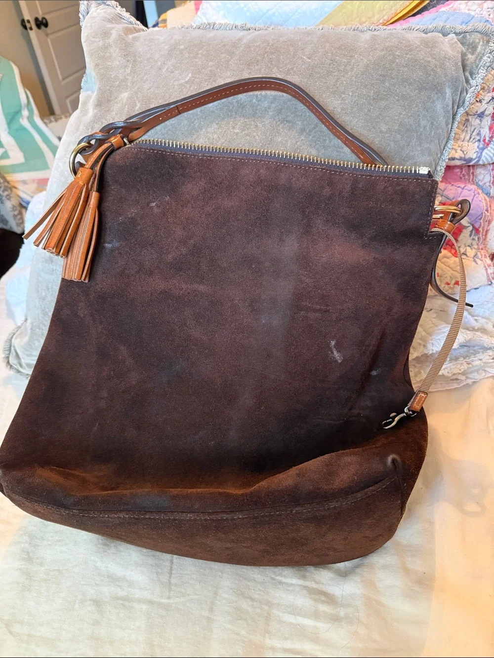 Dooney & Bourke Dark Brown Suede Hobo with Leather Trim